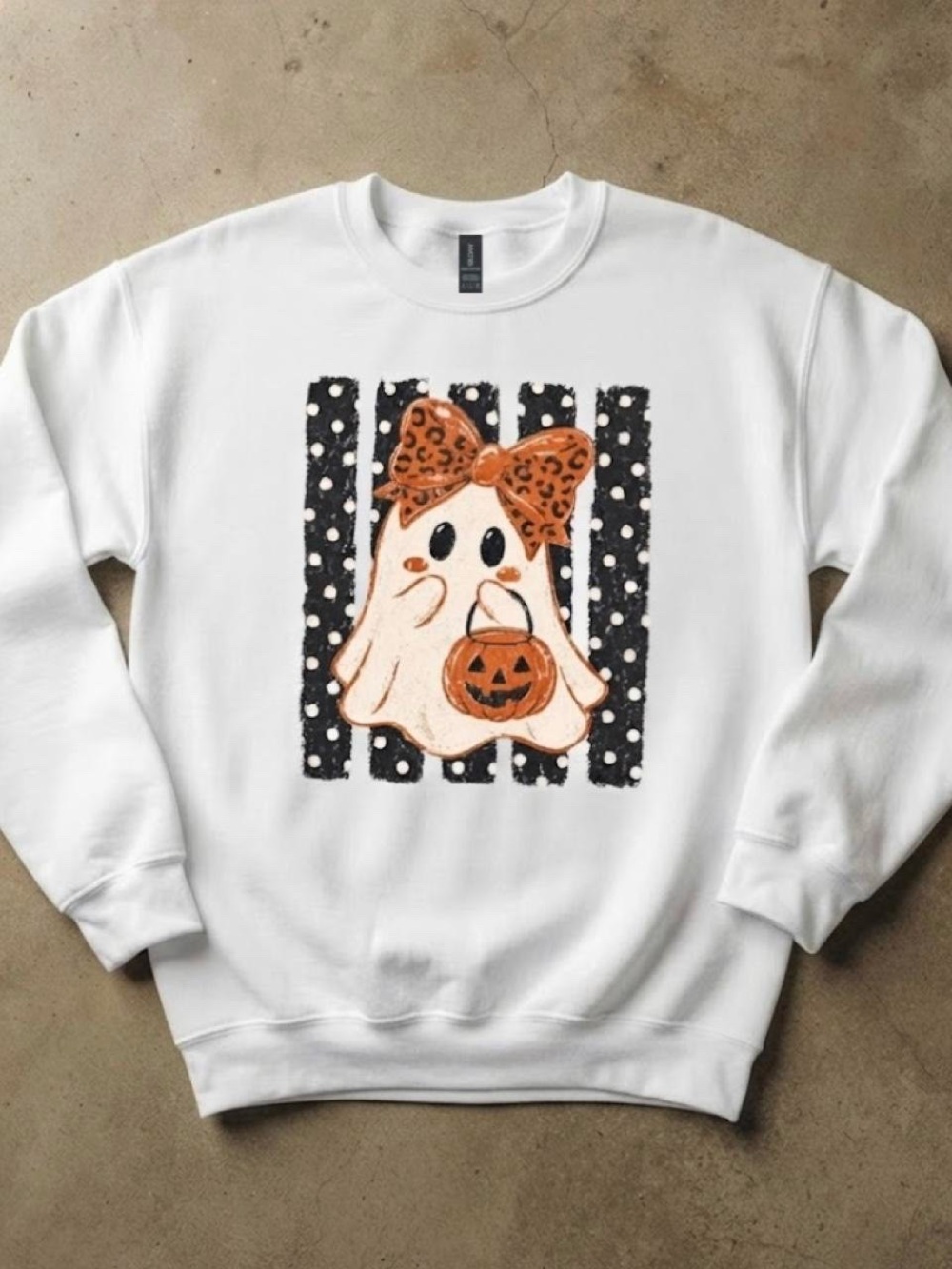 Gildan White Sweatshirt with Orange Halloween Ghost Graphic